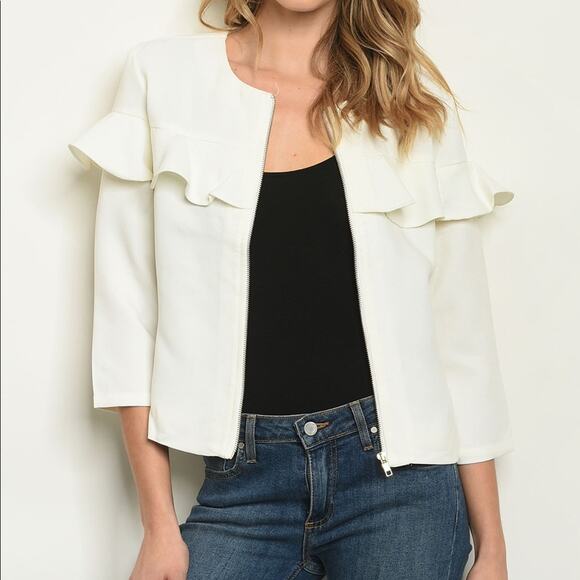Lightweight Ruffle Jacket Ivory Zip Up - Picture 2 of 9